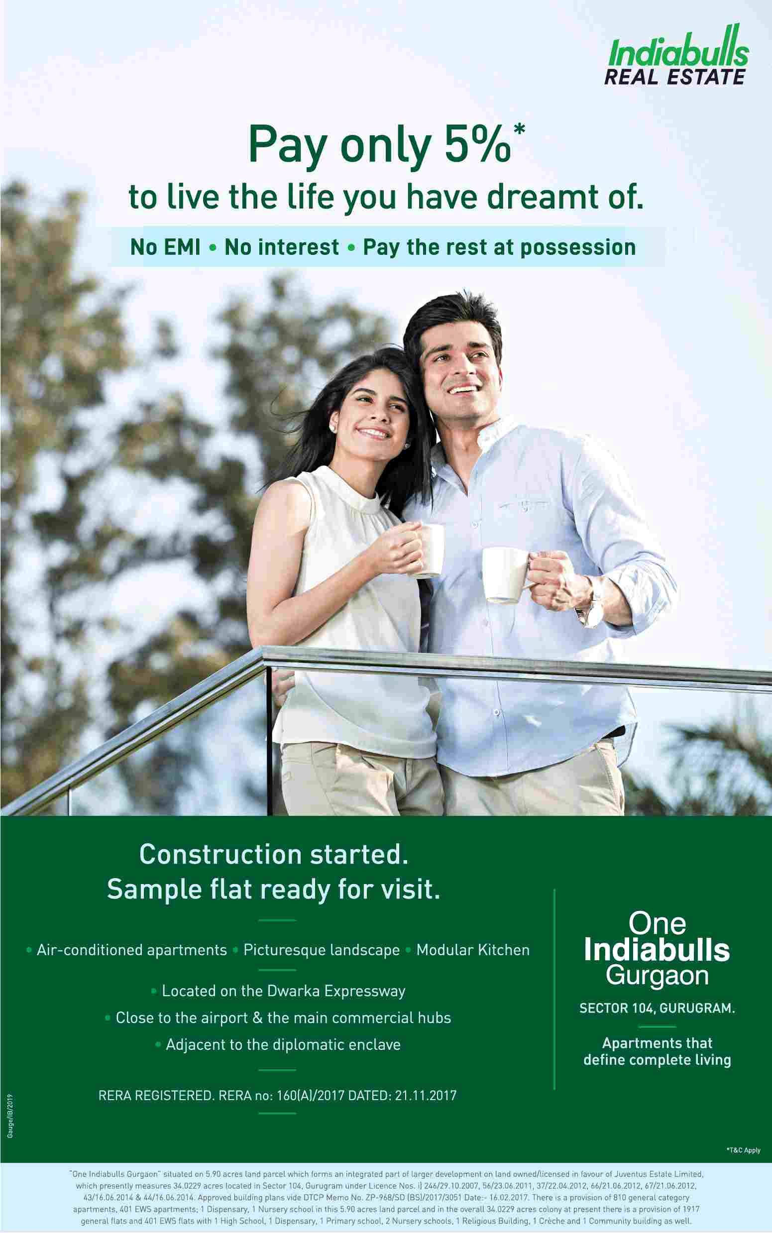 Pay only 5% to book & rest on possession at One Indiabulls in Sector 104, Gurgaon